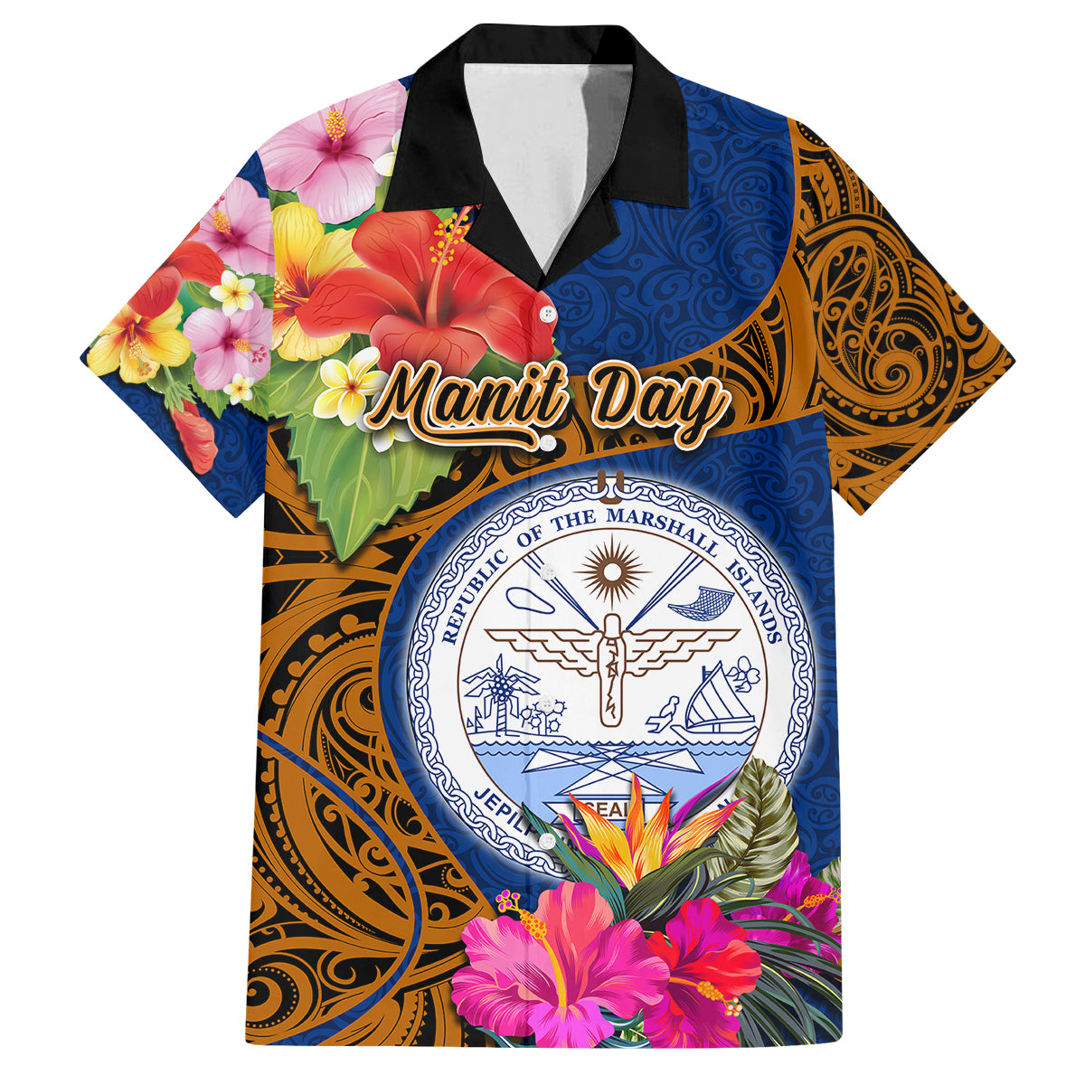 Personalised Marshall Islands Manit Day Family Matching Off Shoulder Short Dress and Hawaiian Shirt Marshall Seal Mix Hibiscus Flower Maori Pattern Style LT03 Dad's Shirt - Short Sleeve Blue - Polynesian Pride