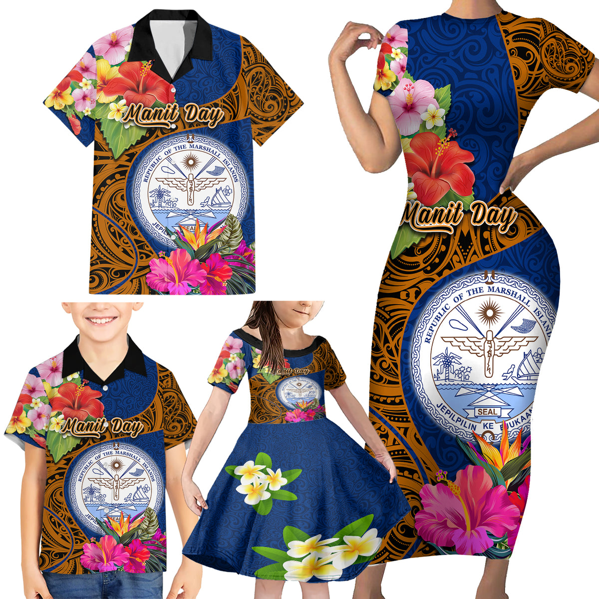 Personalised Marshall Islands Manit Day Family Matching Short Sleeve Bodycon Dress and Hawaiian Shirt Marshall Seal Mix Hibiscus Flower Maori Pattern Style LT03 - Polynesian Pride
