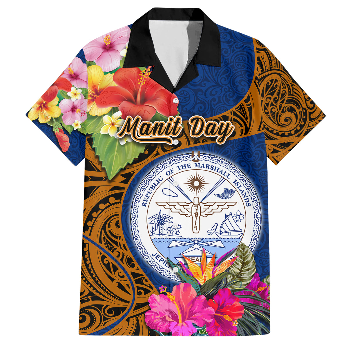 Personalised Marshall Islands Manit Day Family Matching Short Sleeve Bodycon Dress and Hawaiian Shirt Marshall Seal Mix Hibiscus Flower Maori Pattern Style LT03 Dad's Shirt - Short Sleeve Blue - Polynesian Pride