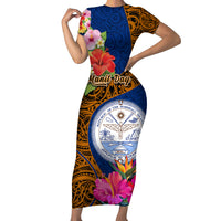 Personalised Marshall Islands Manit Day Family Matching Short Sleeve Bodycon Dress and Hawaiian Shirt Marshall Seal Mix Hibiscus Flower Maori Pattern Style LT03 Mom's Dress Blue - Polynesian Pride