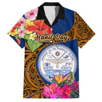 Personalised Marshall Islands Manit Day Family Matching Summer Maxi Dress and Hawaiian Shirt Marshall Seal Mix Hibiscus Flower Maori Pattern Style LT03 Dad's Shirt - Short Sleeve Blue - Polynesian Pride