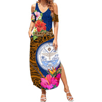 Personalised Marshall Islands Manit Day Family Matching Summer Maxi Dress and Hawaiian Shirt Marshall Seal Mix Hibiscus Flower Maori Pattern Style LT03 Mom's Dress Blue - Polynesian Pride