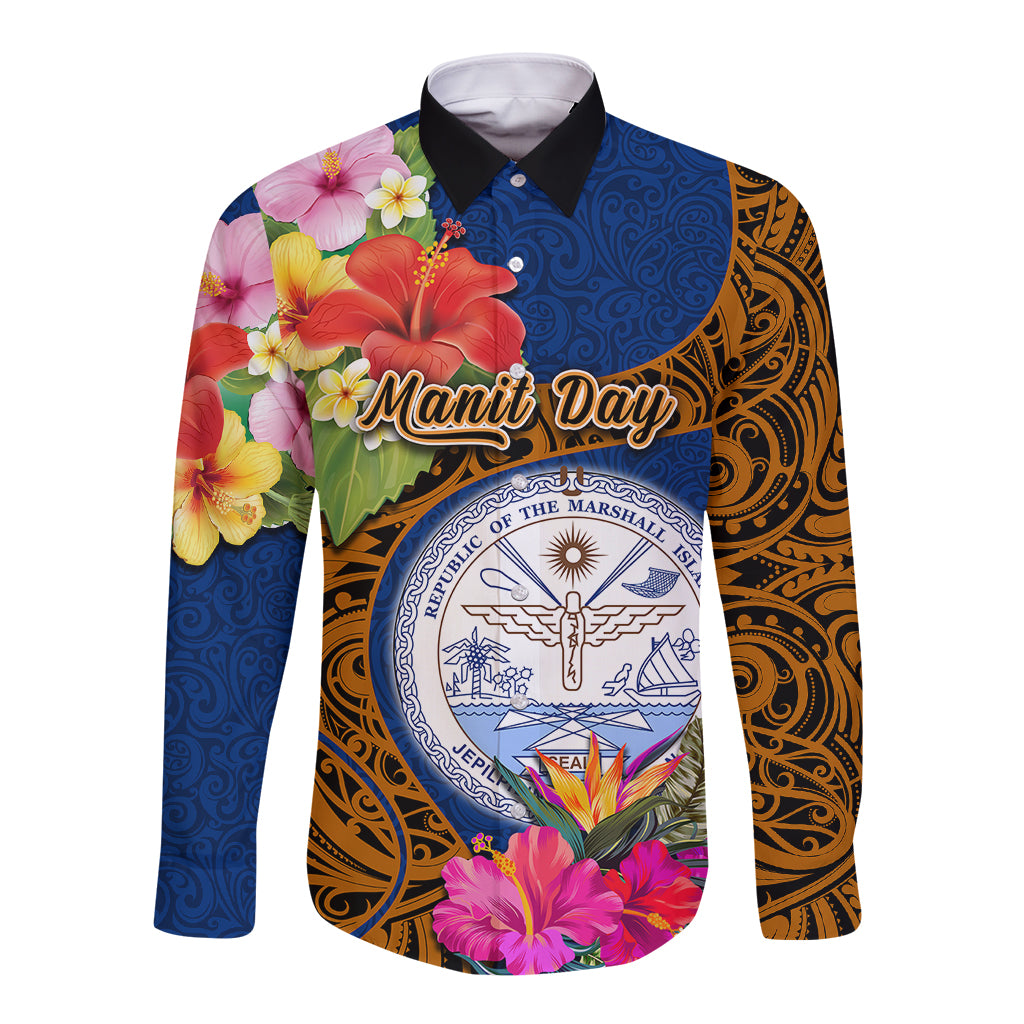 Personalised Marshall Islands Manit Day Long Sleeve Button Shirt Marshall Seal Mix Hibiscus Flower Maori Pattern Style LT03 Unisex Blue - Polynesian Pride
