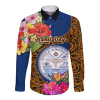 Personalised Marshall Islands Manit Day Long Sleeve Button Shirt Marshall Seal Mix Hibiscus Flower Maori Pattern Style LT03 Unisex Blue - Polynesian Pride