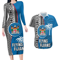 Fiji Rugby Couples Matching Long Sleeve Bodycon Dress and Hawaiian Shirt Coat of Arms Palm Tree Mix Polynesia Tapa Pattern LT03 Blue - Polynesian Pride