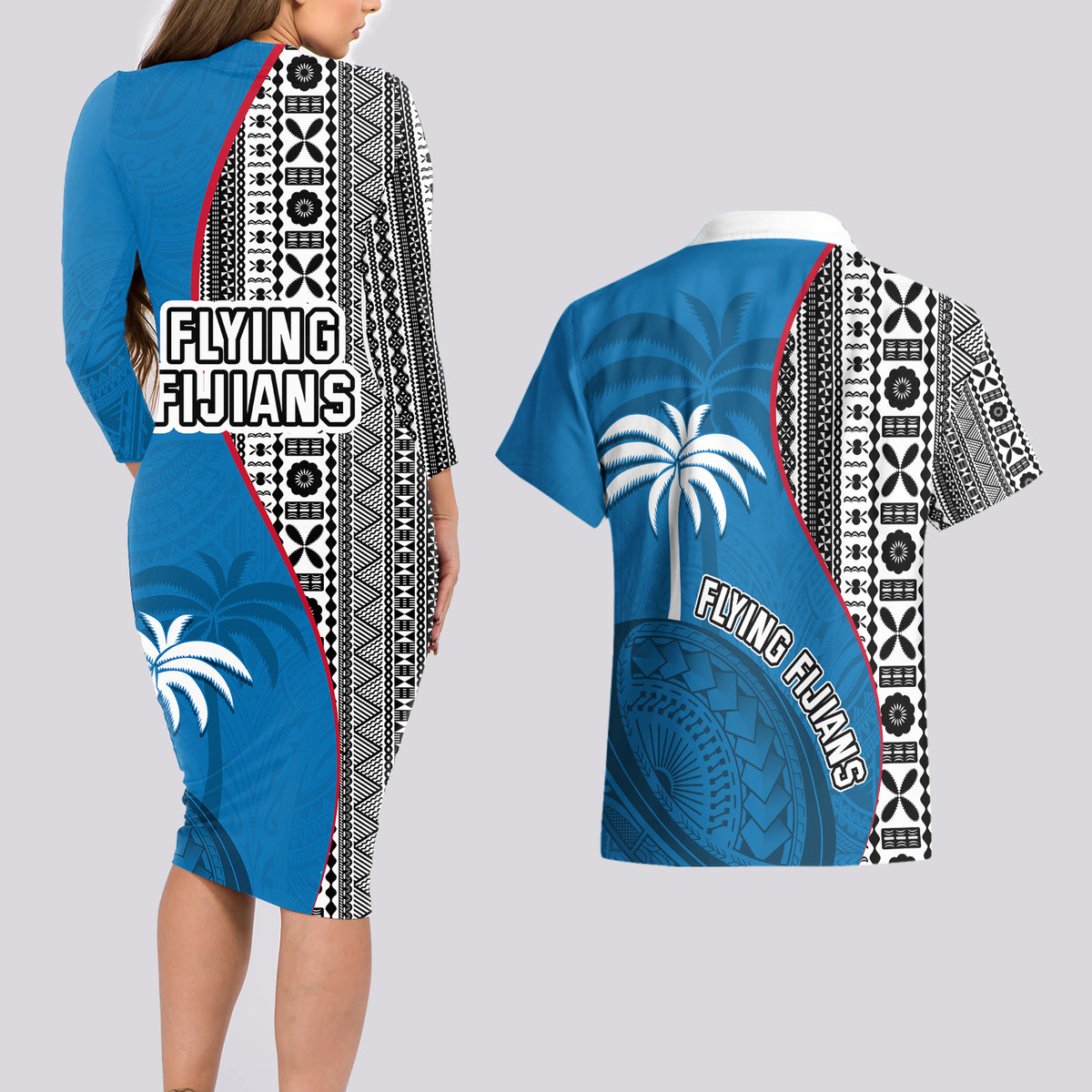 Fiji Rugby Couples Matching Long Sleeve Bodycon Dress and Hawaiian Shirt Coat of Arms Palm Tree Mix Polynesia Tapa Pattern LT03 - Polynesian Pride
