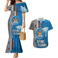 Fiji Rugby Couples Matching Mermaid Dress and Hawaiian Shirt Coat of Arms Palm Tree Mix Polynesia Tapa Pattern LT03 Blue - Polynesian Pride