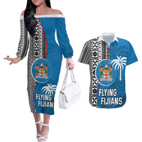 Fiji Rugby Couples Matching Off The Shoulder Long Sleeve Dress and Hawaiian Shirt Coat of Arms Palm Tree Mix Polynesia Tapa Pattern LT03 Blue - Polynesian Pride