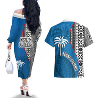 Fiji Rugby Couples Matching Off The Shoulder Long Sleeve Dress and Hawaiian Shirt Coat of Arms Palm Tree Mix Polynesia Tapa Pattern LT03 - Polynesian Pride