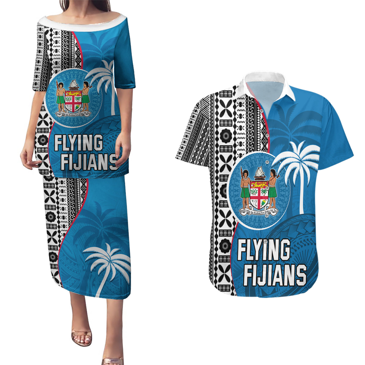 Fiji Rugby Couples Matching Puletasi Dress and Hawaiian Shirt Coat of Arms Palm Tree Mix Polynesia Tapa Pattern LT03 Blue - Polynesian Pride