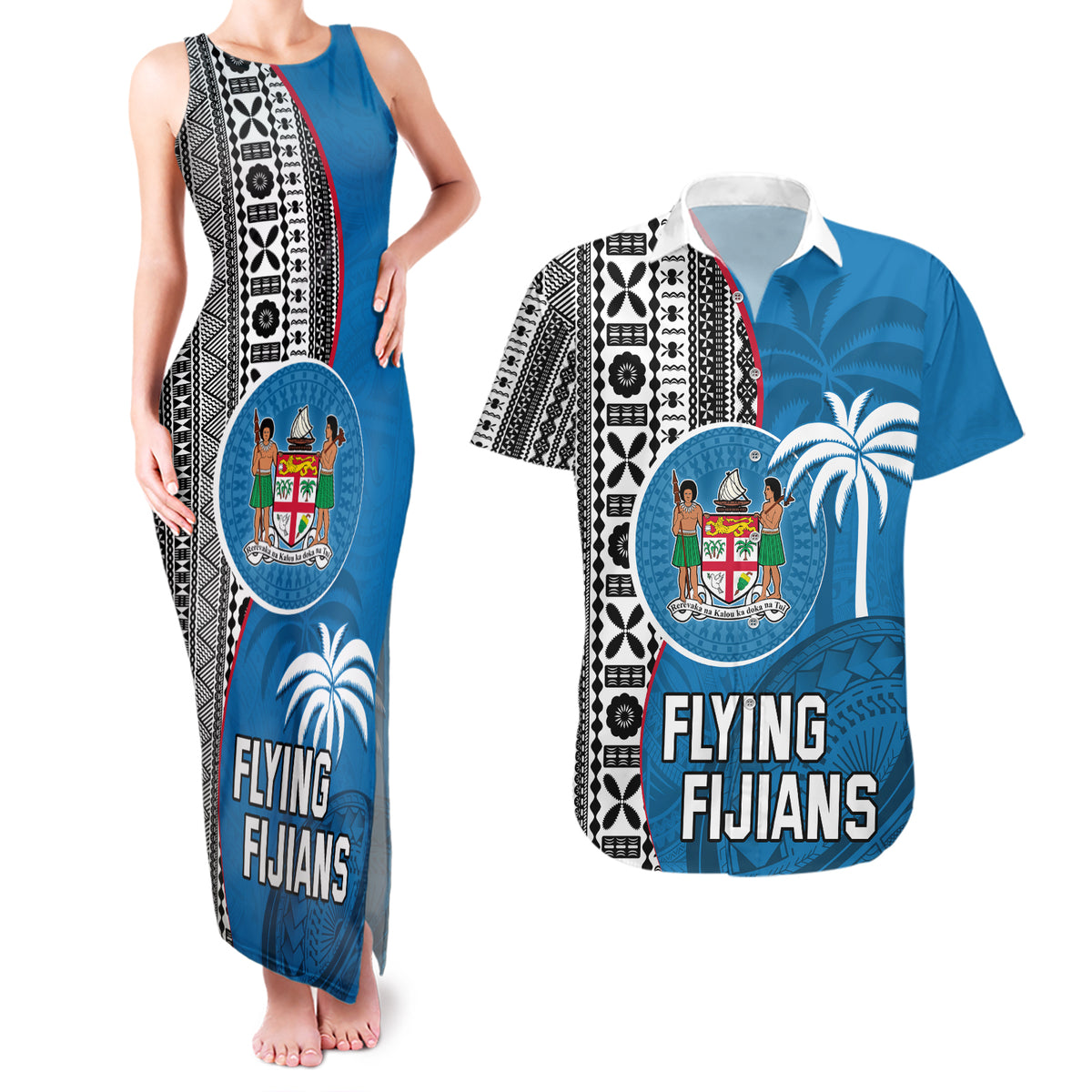 Fiji Rugby Couples Matching Tank Maxi Dress and Hawaiian Shirt Coat of Arms Palm Tree Mix Polynesia Tapa Pattern LT03 Blue - Polynesian Pride