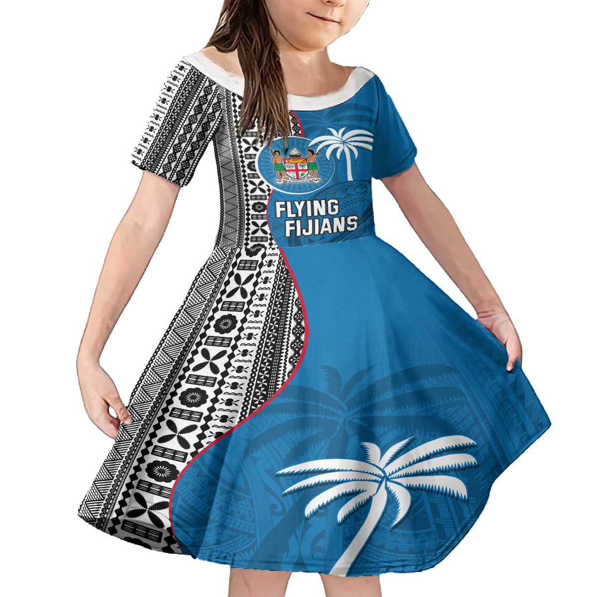 Fiji Rugby Family Matching Long Sleeve Bodycon Dress and Hawaiian Shirt Coat of Arms Palm Tree Mix Polynesia Tapa Pattern LT03 Daughter's Dress Blue - Polynesian Pride