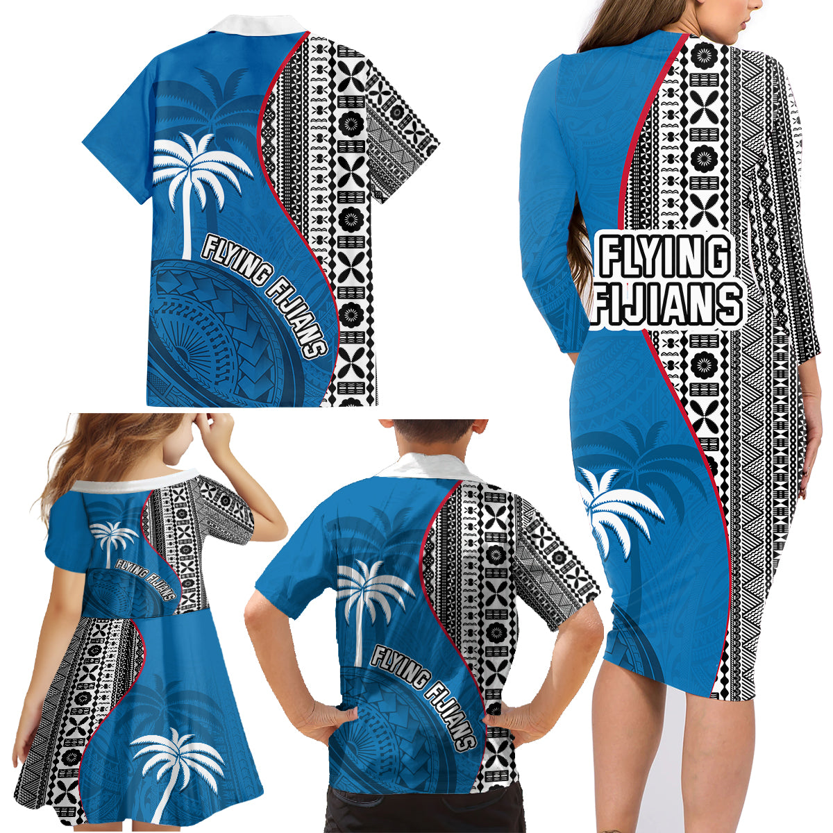 Fiji Rugby Family Matching Long Sleeve Bodycon Dress and Hawaiian Shirt Coat of Arms Palm Tree Mix Polynesia Tapa Pattern LT03 - Polynesian Pride