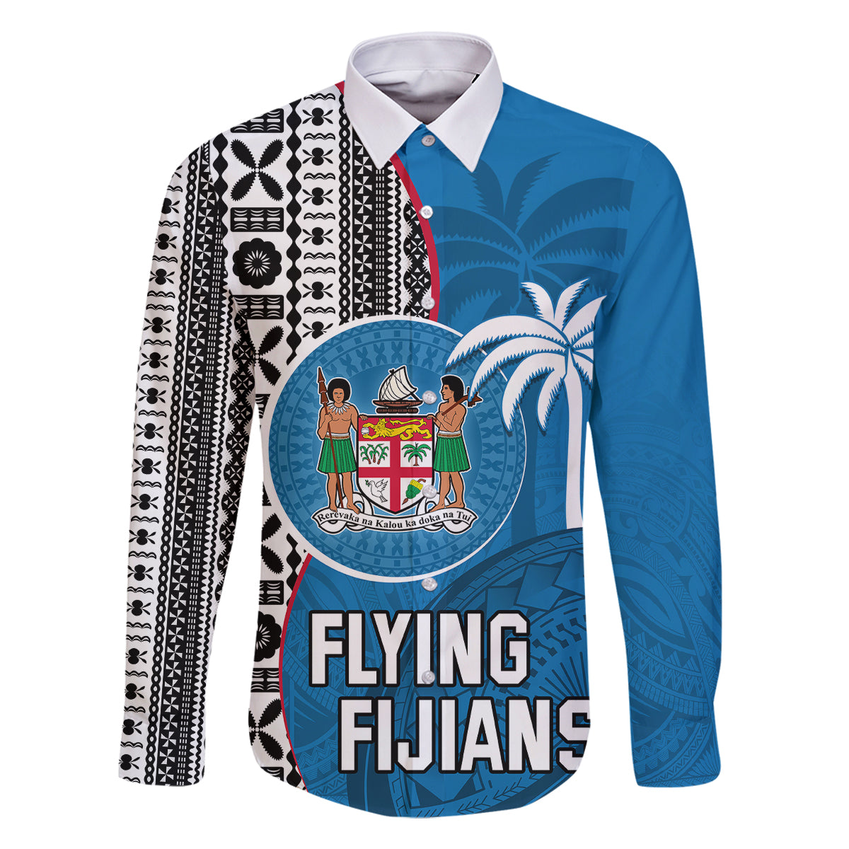 Fiji Rugby Family Matching Long Sleeve Bodycon Dress and Hawaiian Shirt Coat of Arms Palm Tree Mix Polynesia Tapa Pattern LT03 Dad's Shirt - Long Sleeve Blue - Polynesian Pride
