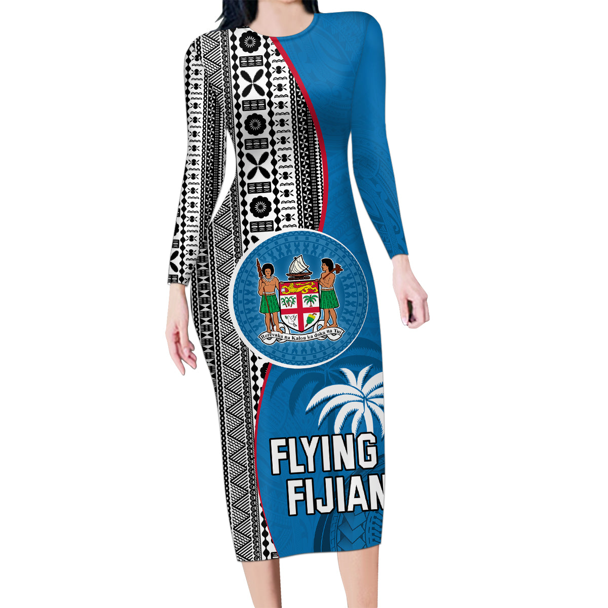 Fiji Rugby Family Matching Long Sleeve Bodycon Dress and Hawaiian Shirt Coat of Arms Palm Tree Mix Polynesia Tapa Pattern LT03 Mom's Dress Blue - Polynesian Pride