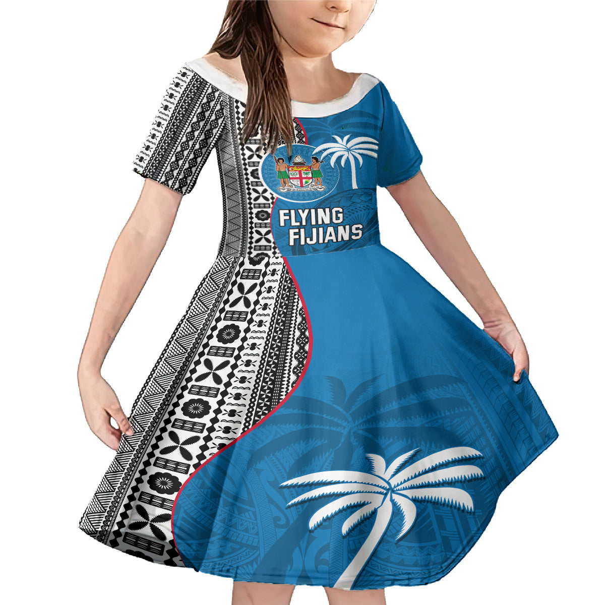 Fiji Rugby Family Matching Mermaid Dress and Hawaiian Shirt Coat of Arms Palm Tree Mix Polynesia Tapa Pattern LT03 Daughter's Dress Blue - Polynesian Pride