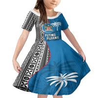 Fiji Rugby Family Matching Mermaid Dress and Hawaiian Shirt Coat of Arms Palm Tree Mix Polynesia Tapa Pattern LT03 Daughter's Dress Blue - Polynesian Pride