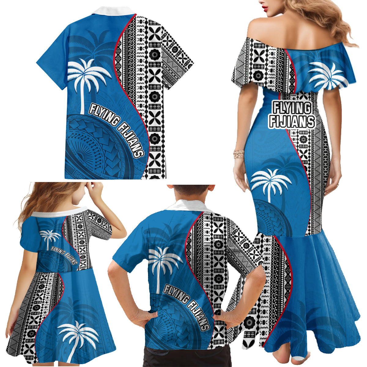Fiji Rugby Family Matching Mermaid Dress and Hawaiian Shirt Coat of Arms Palm Tree Mix Polynesia Tapa Pattern LT03 - Polynesian Pride