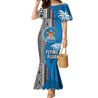 Fiji Rugby Family Matching Mermaid Dress and Hawaiian Shirt Coat of Arms Palm Tree Mix Polynesia Tapa Pattern LT03 Mom's Dress Blue - Polynesian Pride