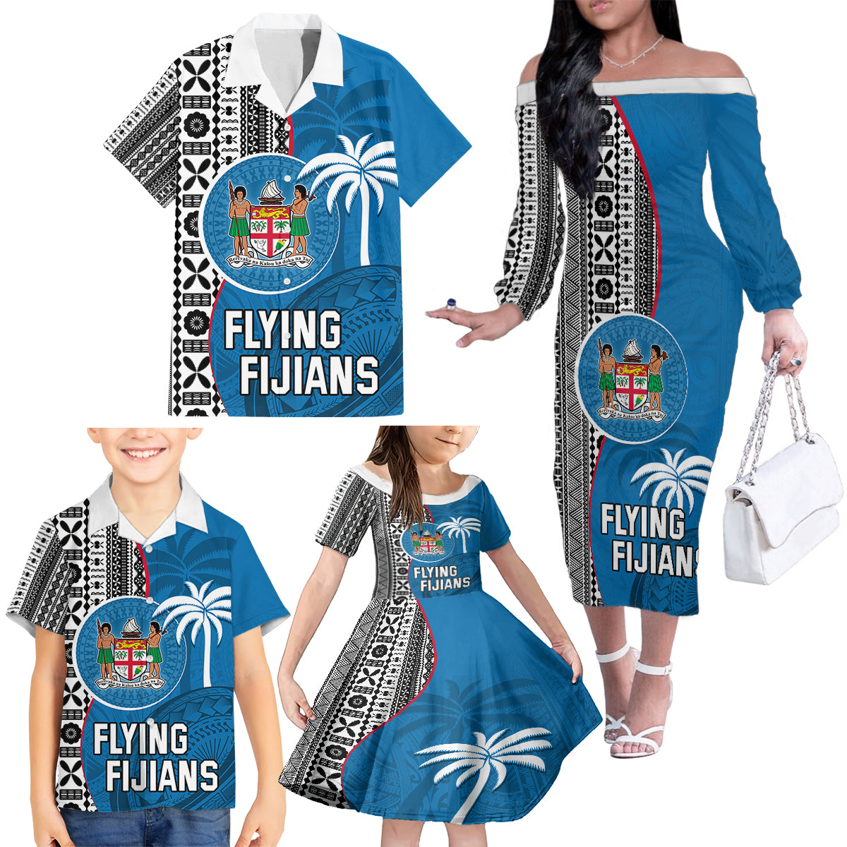 Fiji Rugby Family Matching Off Shoulder Long Sleeve Dress and Hawaiian Shirt Coat of Arms Palm Tree Mix Polynesia Tapa Pattern LT03 - Polynesian Pride