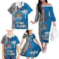 Fiji Rugby Family Matching Off Shoulder Long Sleeve Dress and Hawaiian Shirt Coat of Arms Palm Tree Mix Polynesia Tapa Pattern LT03 - Polynesian Pride