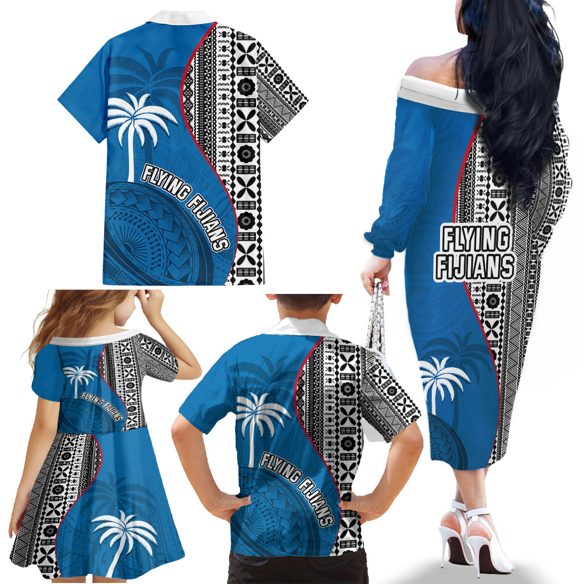 Fiji Rugby Family Matching Off Shoulder Long Sleeve Dress and Hawaiian Shirt Coat of Arms Palm Tree Mix Polynesia Tapa Pattern LT03 - Polynesian Pride