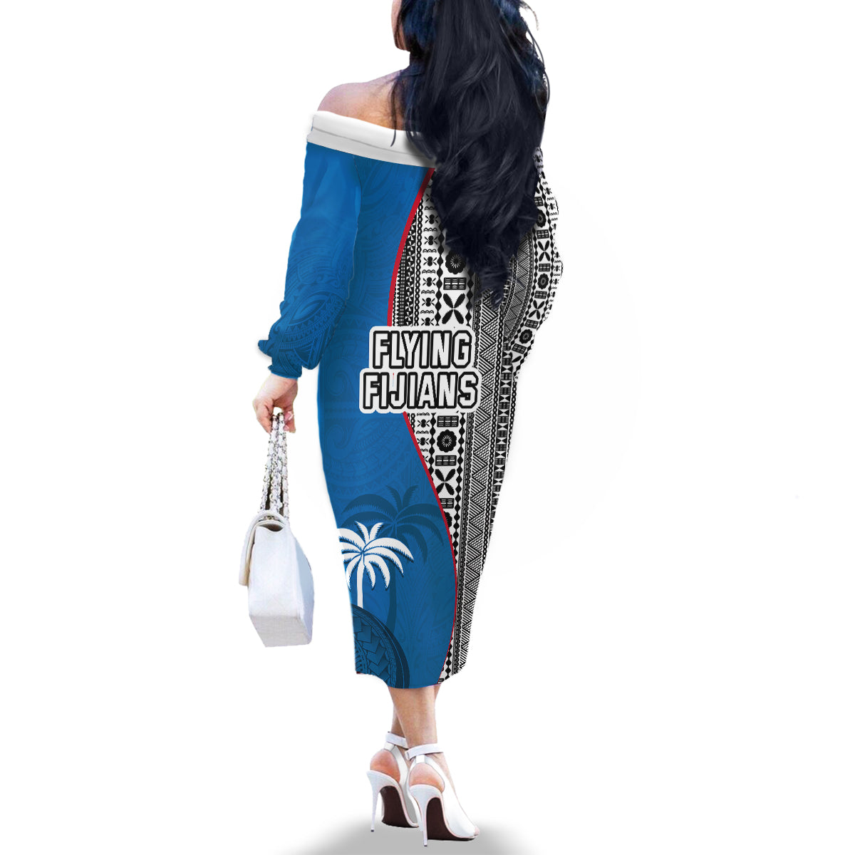 Fiji Rugby Family Matching Off Shoulder Long Sleeve Dress and Hawaiian Shirt Coat of Arms Palm Tree Mix Polynesia Tapa Pattern LT03 - Polynesian Pride