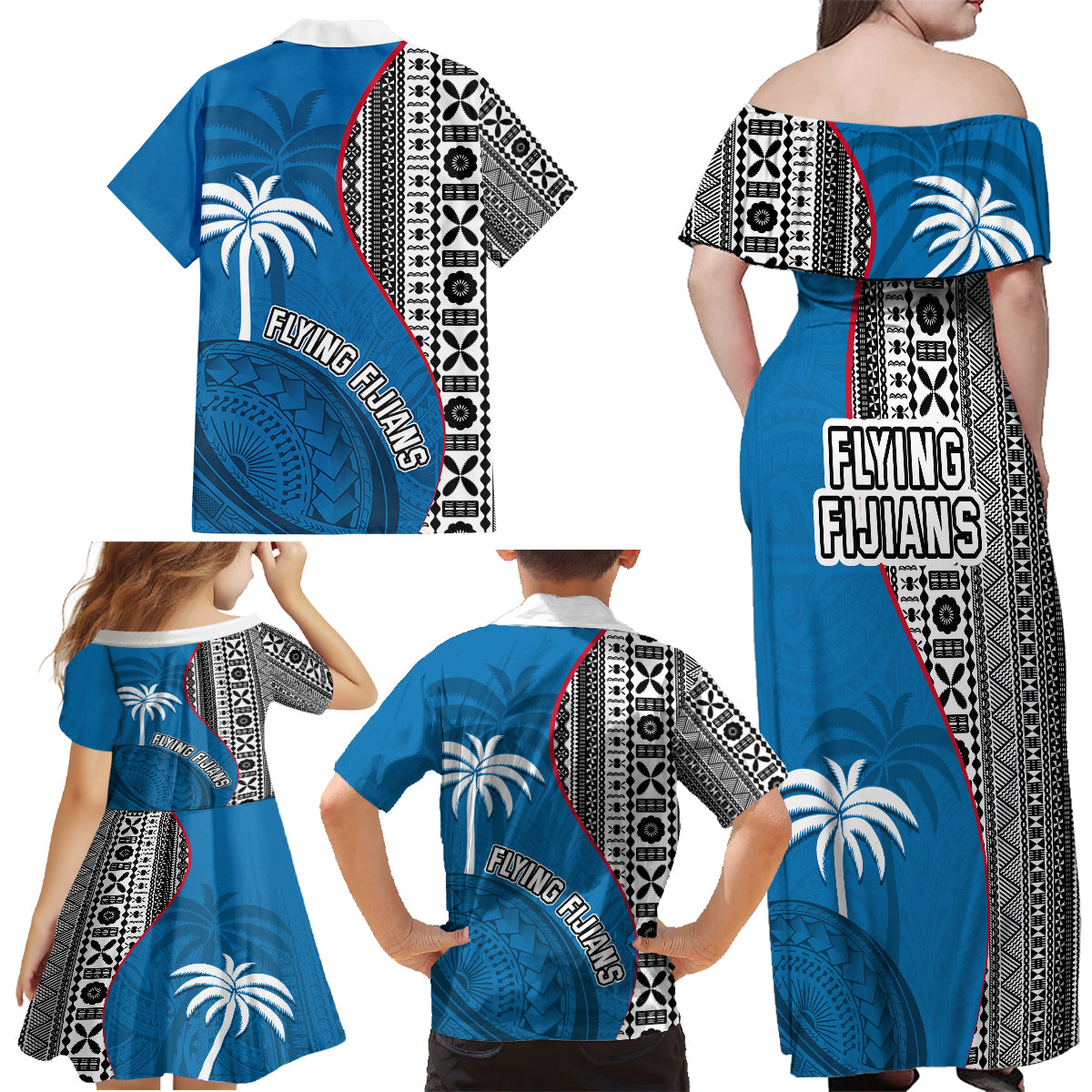 Fiji Rugby Family Matching Off Shoulder Maxi Dress and Hawaiian Shirt Coat of Arms Palm Tree Mix Polynesia Tapa Pattern LT03 - Polynesian Pride
