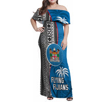 Fiji Rugby Family Matching Off Shoulder Maxi Dress and Hawaiian Shirt Coat of Arms Palm Tree Mix Polynesia Tapa Pattern LT03 Mom's Dress Blue - Polynesian Pride