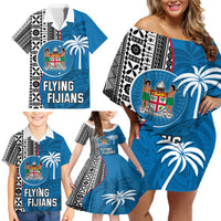 Fiji Rugby Family Matching Off Shoulder Short Dress and Hawaiian Shirt Coat of Arms Palm Tree Mix Polynesia Tapa Pattern LT03 - Polynesian Pride