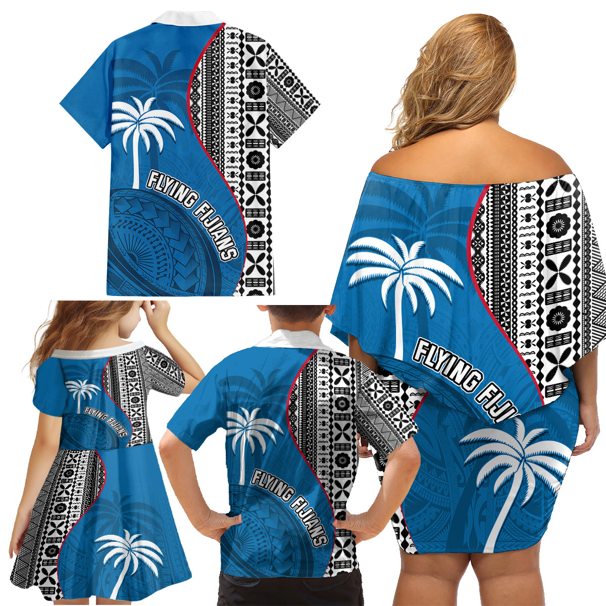 Fiji Rugby Family Matching Off Shoulder Short Dress and Hawaiian Shirt Coat of Arms Palm Tree Mix Polynesia Tapa Pattern LT03 - Polynesian Pride