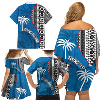 Fiji Rugby Family Matching Off Shoulder Short Dress and Hawaiian Shirt Coat of Arms Palm Tree Mix Polynesia Tapa Pattern LT03 - Polynesian Pride