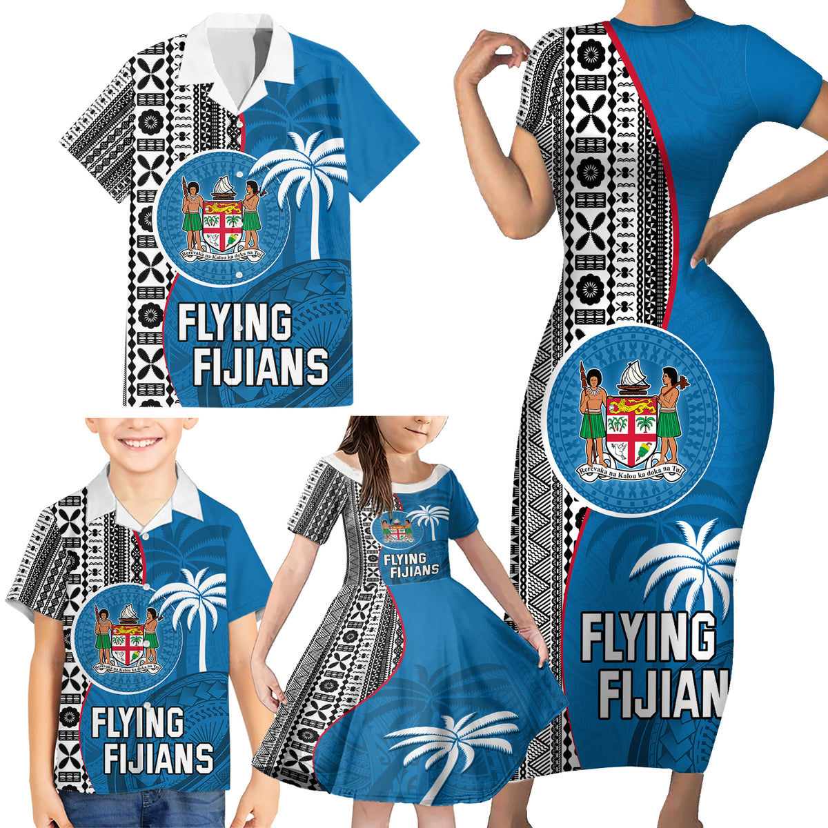 Fiji Rugby Family Matching Short Sleeve Bodycon Dress and Hawaiian Shirt Coat of Arms Palm Tree Mix Polynesia Tapa Pattern LT03 - Polynesian Pride