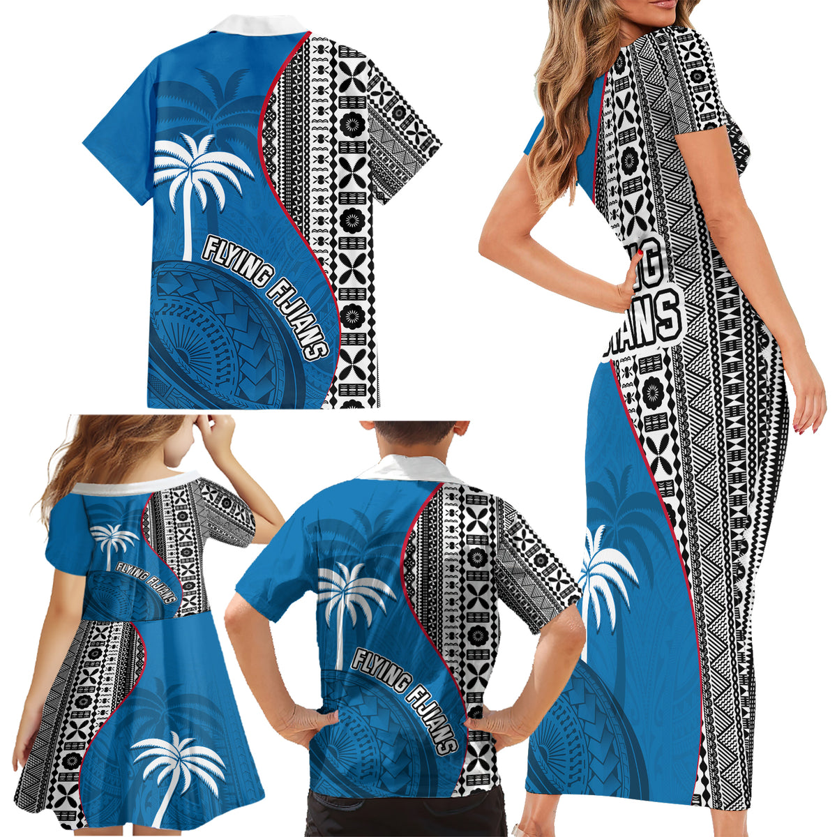 Fiji Rugby Family Matching Short Sleeve Bodycon Dress and Hawaiian Shirt Coat of Arms Palm Tree Mix Polynesia Tapa Pattern LT03 - Polynesian Pride