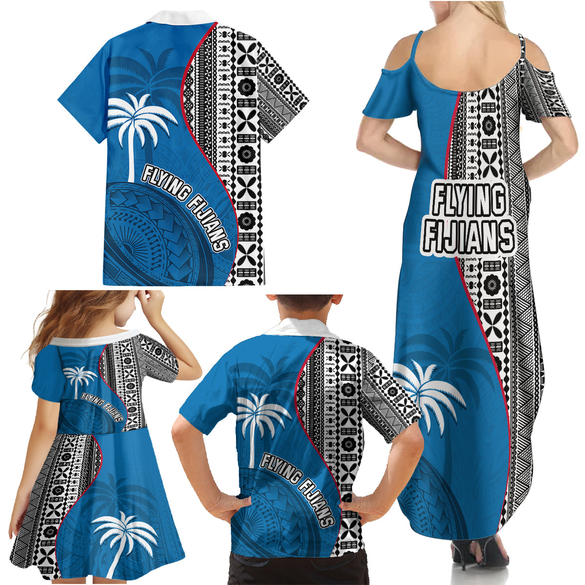 Fiji Rugby Family Matching Summer Maxi Dress and Hawaiian Shirt Coat of Arms Palm Tree Mix Polynesia Tapa Pattern LT03 - Polynesian Pride