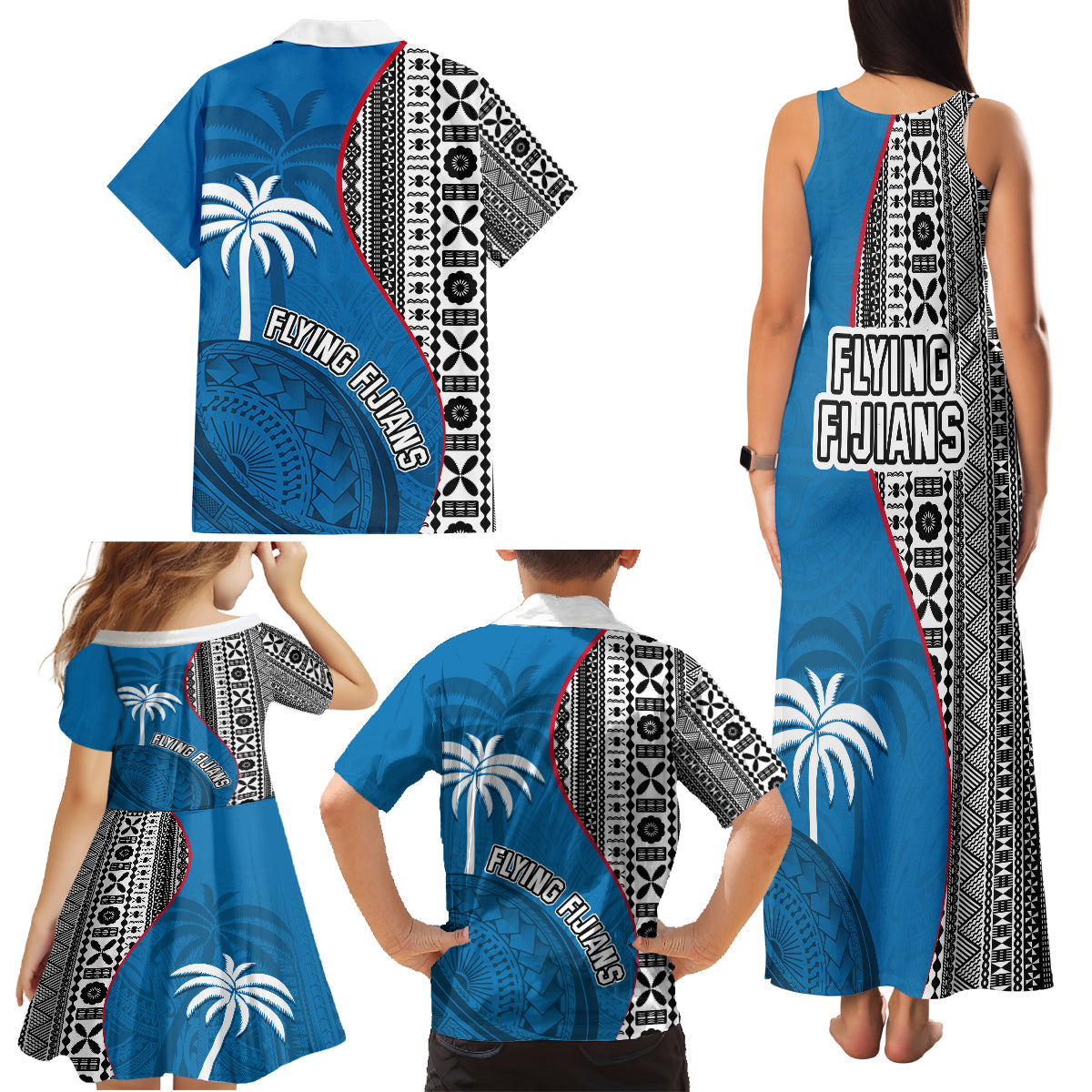 Fiji Rugby Family Matching Tank Maxi Dress and Hawaiian Shirt Coat of Arms Palm Tree Mix Polynesia Tapa Pattern LT03 - Polynesian Pride
