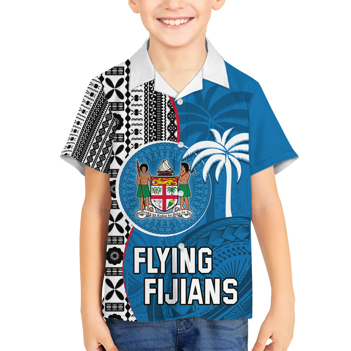 fiji-rugby-kid-hawaiian-shirt-coat-of-arms-palm-tree-mix-polynesia-tapa-pattern