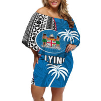 Fiji Rugby Off Shoulder Short Dress Coat of Arms Palm Tree Mix Polynesia Tapa Pattern LT03 Women Blue - Polynesian Pride
