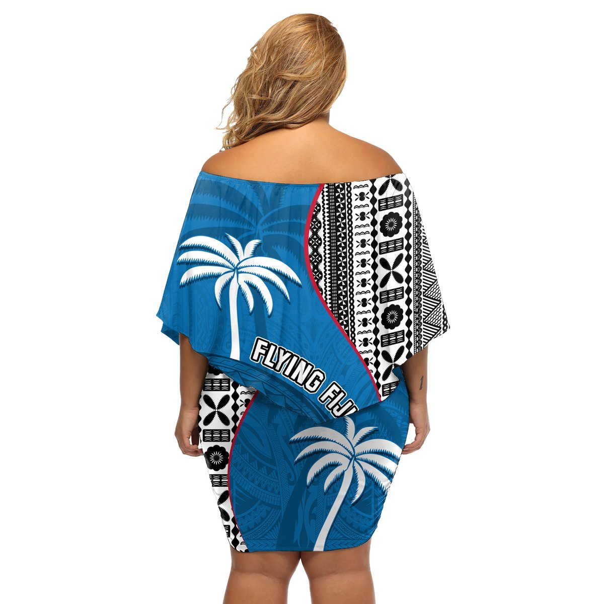 Fiji Rugby Off Shoulder Short Dress Coat of Arms Palm Tree Mix Polynesia Tapa Pattern LT03 - Polynesian Pride