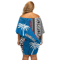 Fiji Rugby Off Shoulder Short Dress Coat of Arms Palm Tree Mix Polynesia Tapa Pattern LT03 - Polynesian Pride