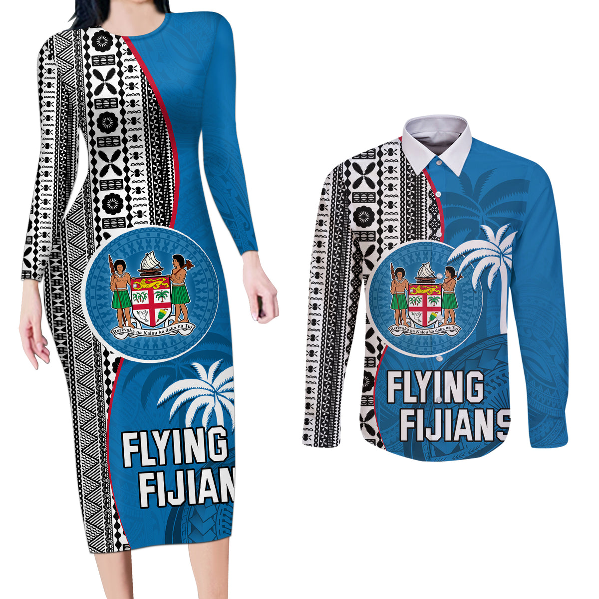 Custom Fiji Rugby Couples Matching Long Sleeve Bodycon Dress and Long Sleeve Button Shirts Coat of Arms Palm Tree Mix Polynesia Tapa Pattern LT03 Blue - Polynesian Pride