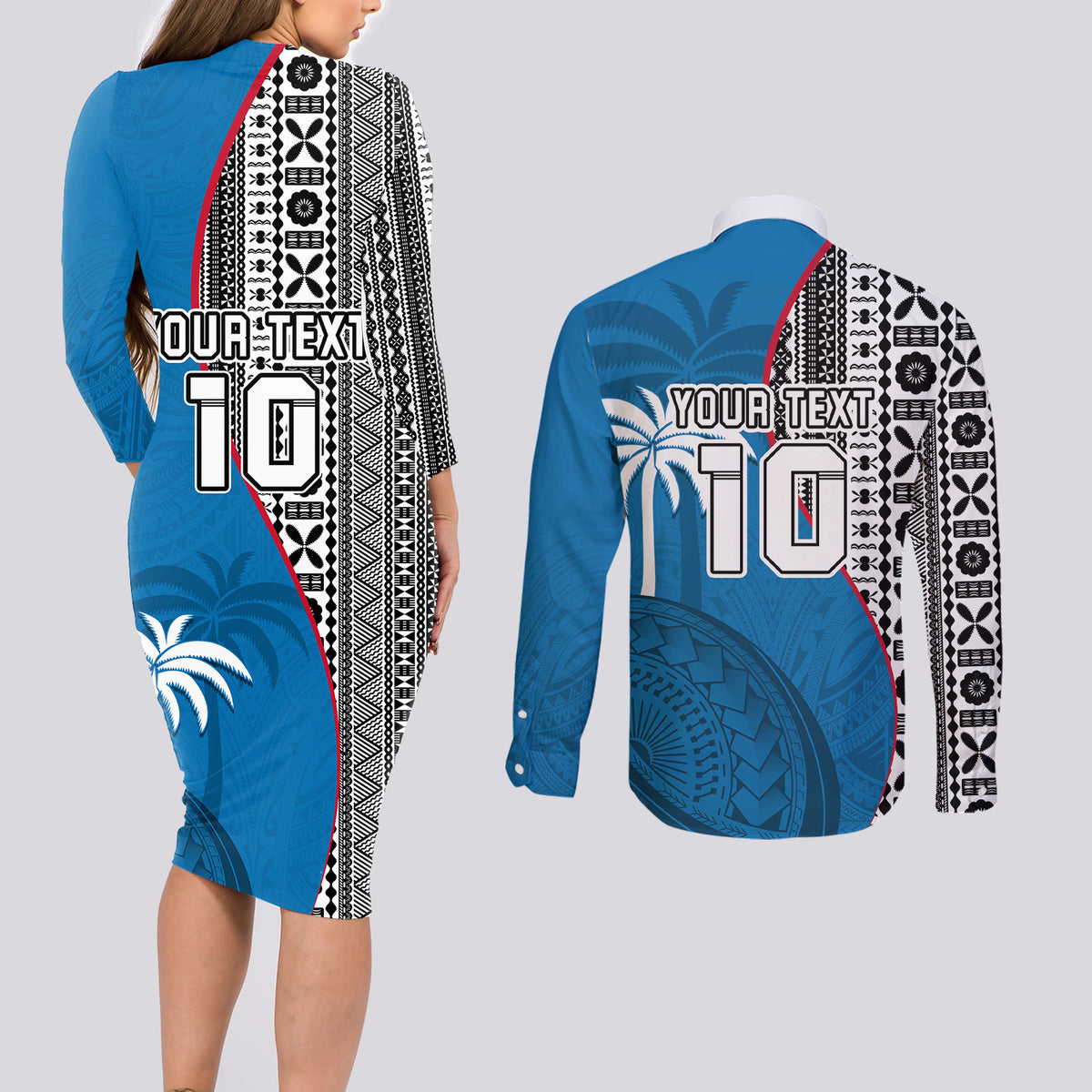 Custom Fiji Rugby Couples Matching Long Sleeve Bodycon Dress and Long Sleeve Button Shirts Coat of Arms Palm Tree Mix Polynesia Tapa Pattern LT03 - Polynesian Pride
