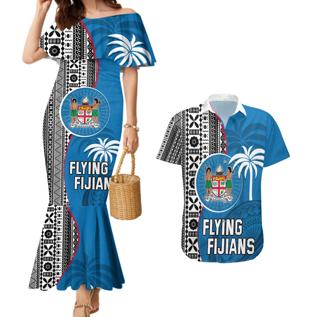 Custom Fiji Rugby Couples Matching Mermaid Dress and Hawaiian Shirt Coat of Arms Palm Tree Mix Polynesia Tapa Pattern LT03 Blue - Polynesian Pride