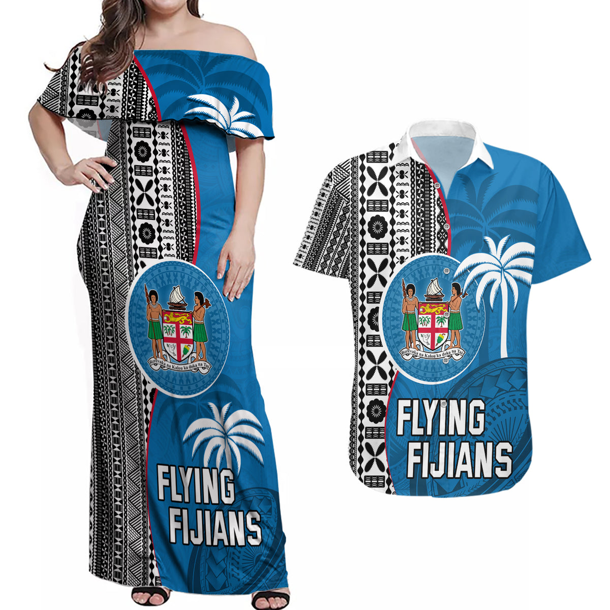 Custom Fiji Rugby Couples Matching Off Shoulder Maxi Dress and Hawaiian Shirt Coat of Arms Palm Tree Mix Polynesia Tapa Pattern LT03 Blue - Polynesian Pride