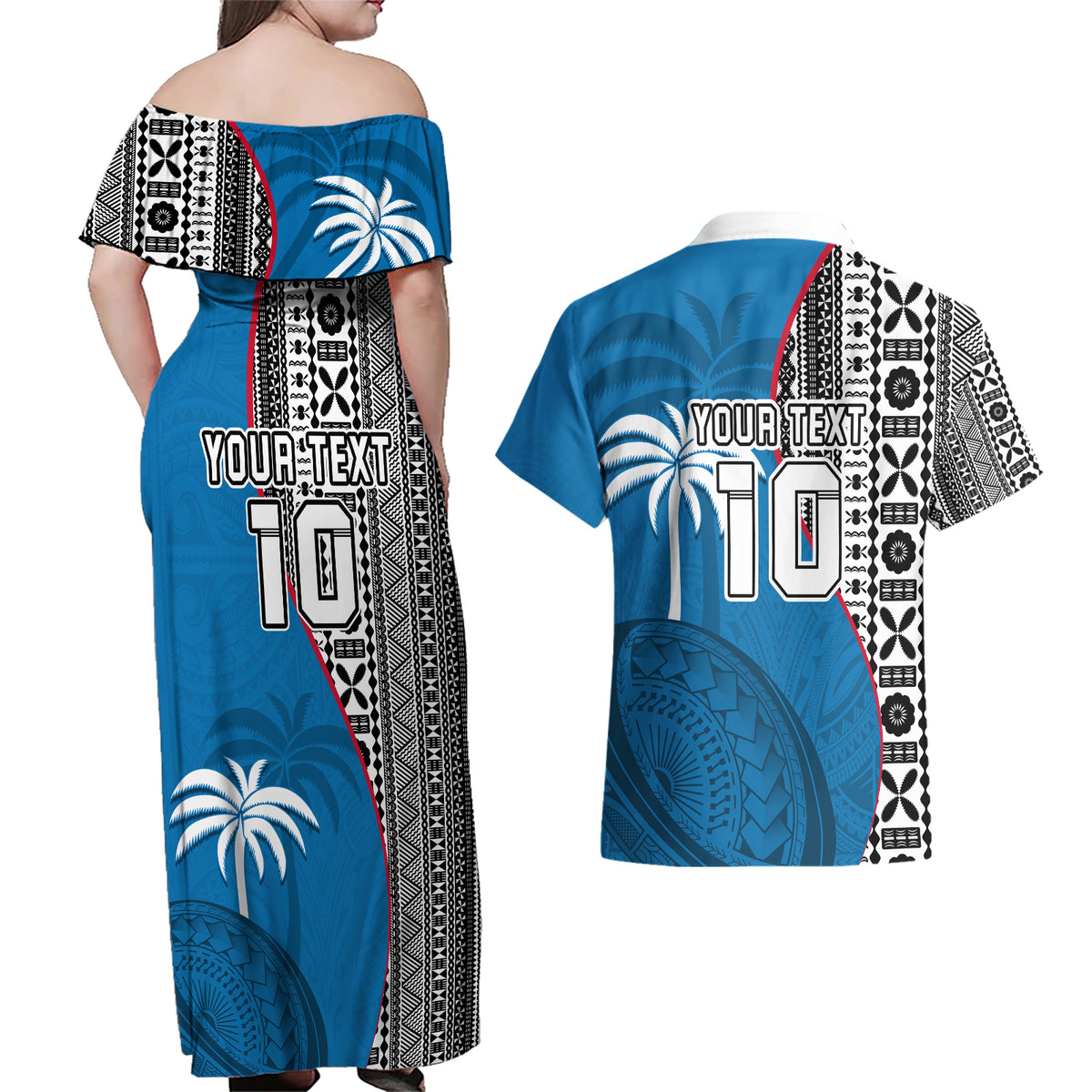 Custom Fiji Rugby Couples Matching Off Shoulder Maxi Dress and Hawaiian Shirt Coat of Arms Palm Tree Mix Polynesia Tapa Pattern LT03 - Polynesian Pride