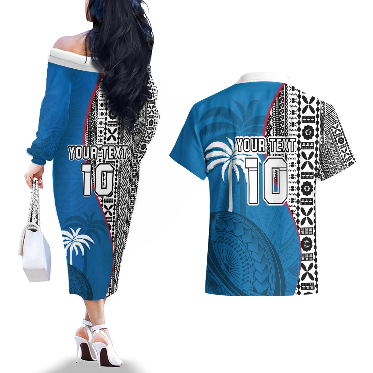 Custom Fiji Rugby Couples Matching Off The Shoulder Long Sleeve Dress and Hawaiian Shirt Coat of Arms Palm Tree Mix Polynesia Tapa Pattern LT03 - Polynesian Pride