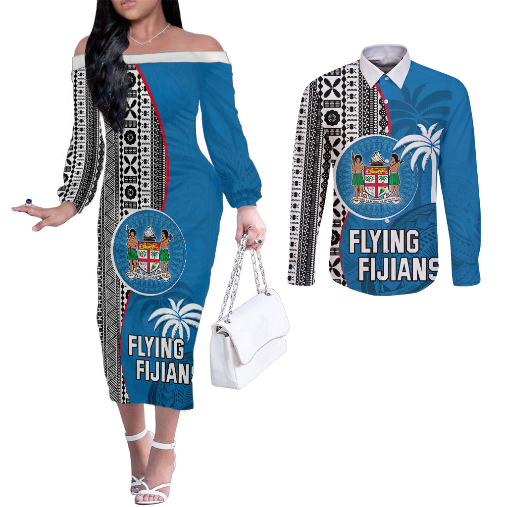 Custom Fiji Rugby Couples Matching Off The Shoulder Long Sleeve Dress and Long Sleeve Button Shirts Coat of Arms Palm Tree Mix Polynesia Tapa Pattern LT03 Blue - Polynesian Pride