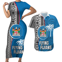 Custom Fiji Rugby Couples Matching Short Sleeve Bodycon Dress and Hawaiian Shirt Coat of Arms Palm Tree Mix Polynesia Tapa Pattern LT03 Blue - Polynesian Pride