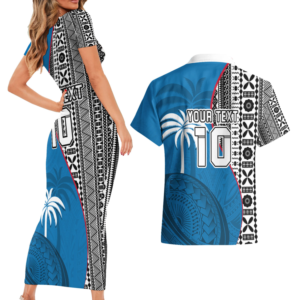 Custom Fiji Rugby Couples Matching Short Sleeve Bodycon Dress and Hawaiian Shirt Coat of Arms Palm Tree Mix Polynesia Tapa Pattern LT03 - Polynesian Pride