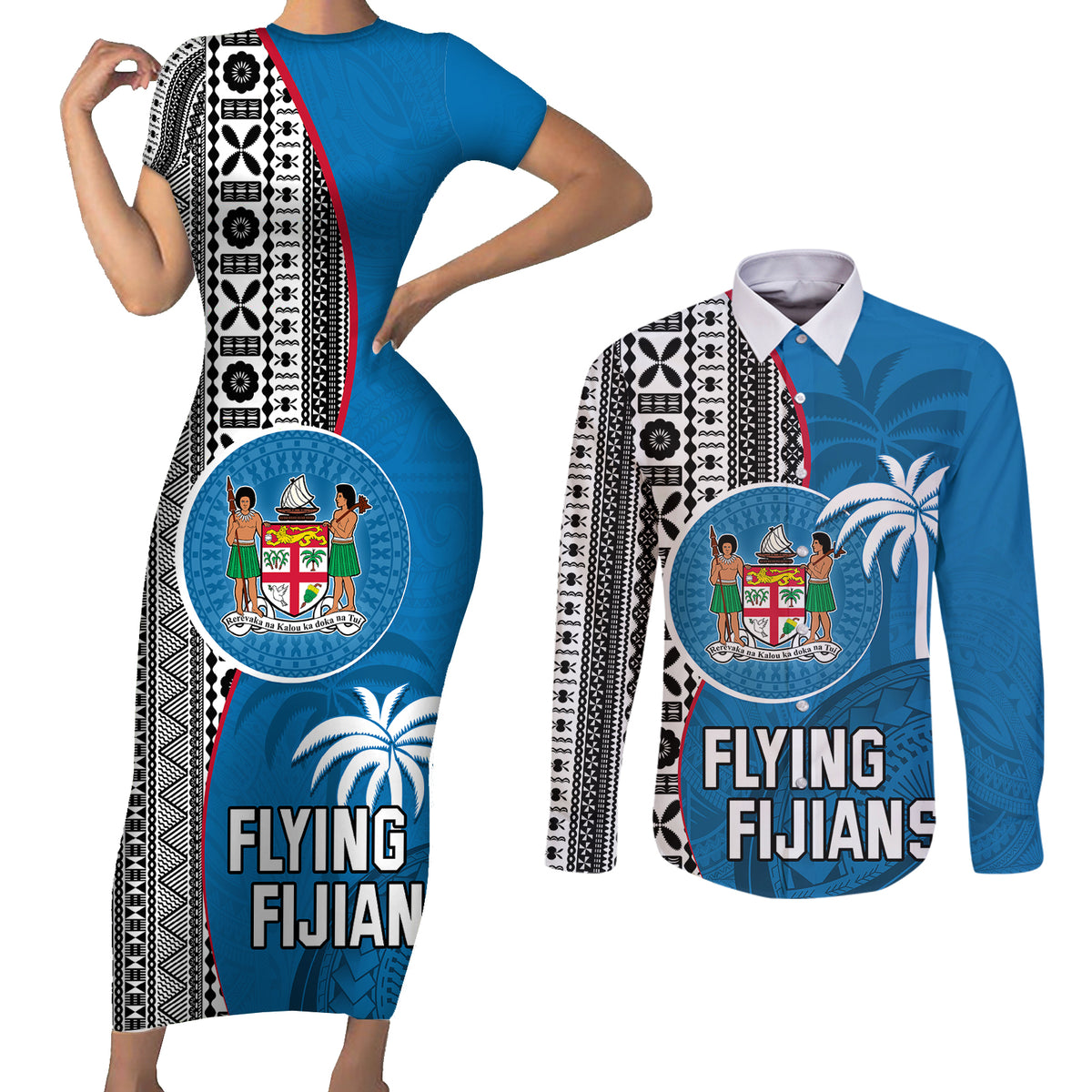 Custom Fiji Rugby Couples Matching Short Sleeve Bodycon Dress and Long Sleeve Button Shirts Coat of Arms Palm Tree Mix Polynesia Tapa Pattern LT03 Blue - Polynesian Pride